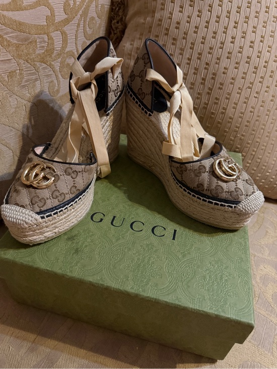 Gucci Shoes - Gucci Pilar GG Ankle Tie Espadrille Platform Wedges preowned with COA size 39